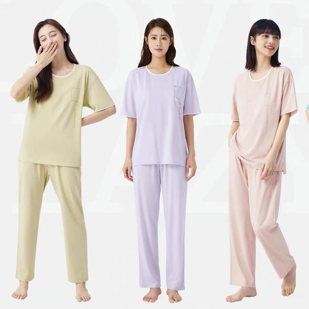 美丽姐带胸垫短袖+长裤家居服套装83202