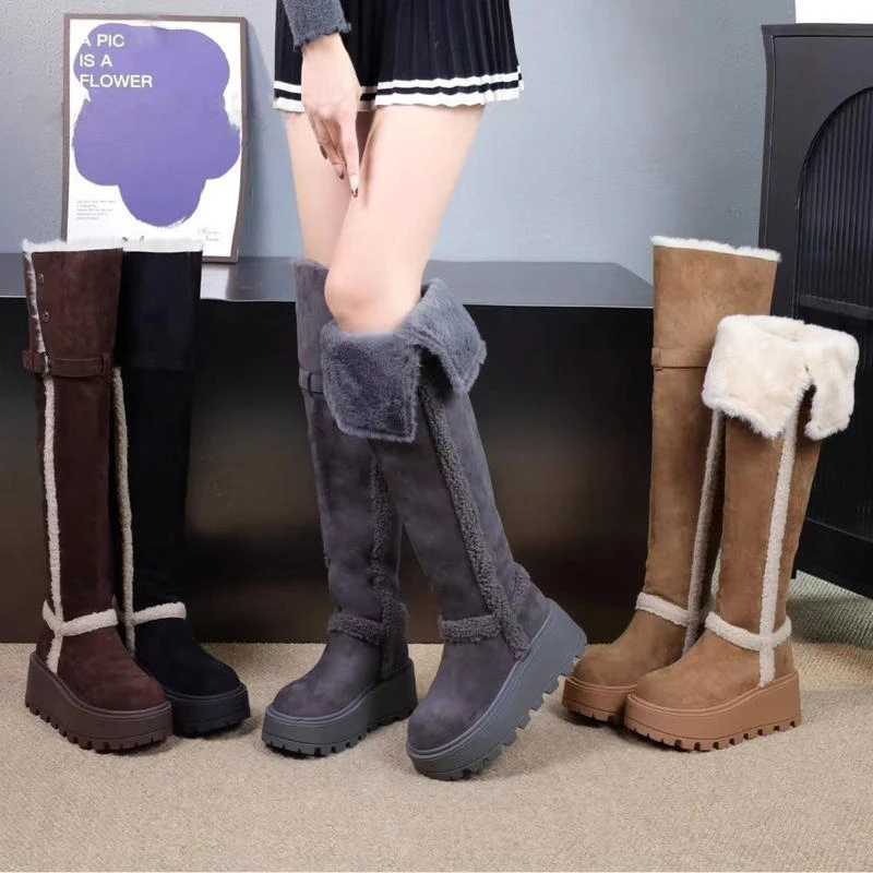 不过膝雪地靴女2025新款冬季皮毛一体加绒两穿时尚百搭厚底高筒鞋