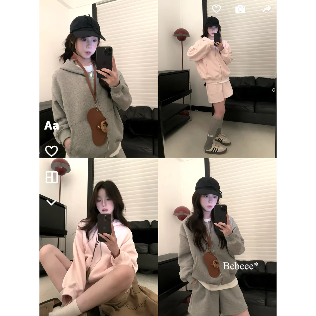 BèBè 秋冬慵懒风小众连帽卫衣短裤套装女宽松显瘦连帽开衫两件套