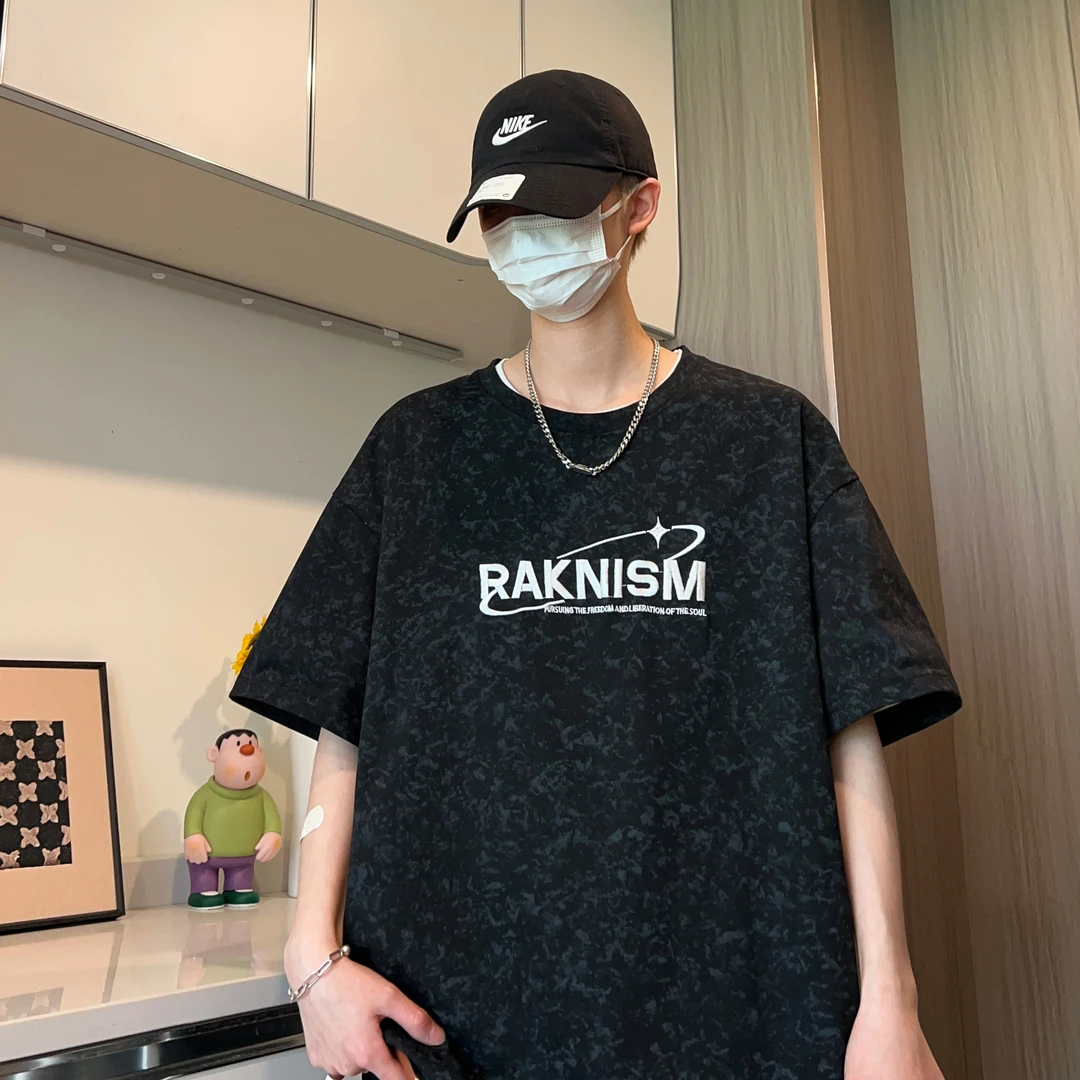 NINEDAO/玖岛夏季韩版宽松休闲ins设计T恤上衣男潮流百搭透气短袖