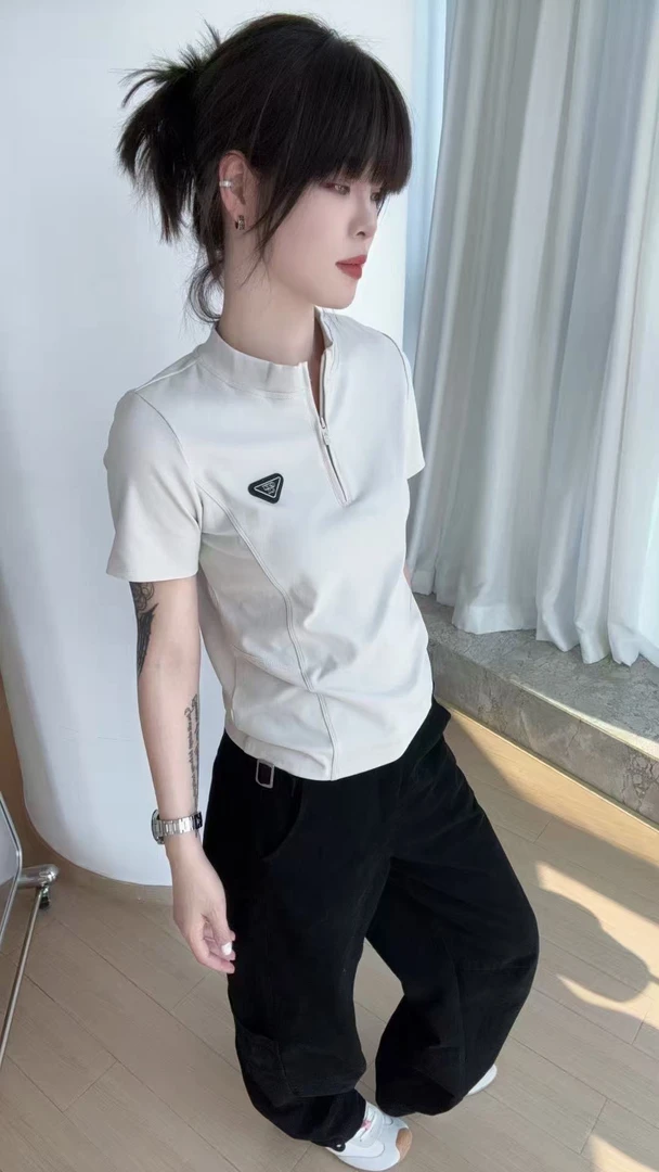 400-499短袖拉链吸汗轻职风字母纯色T恤休闲风拼接透气