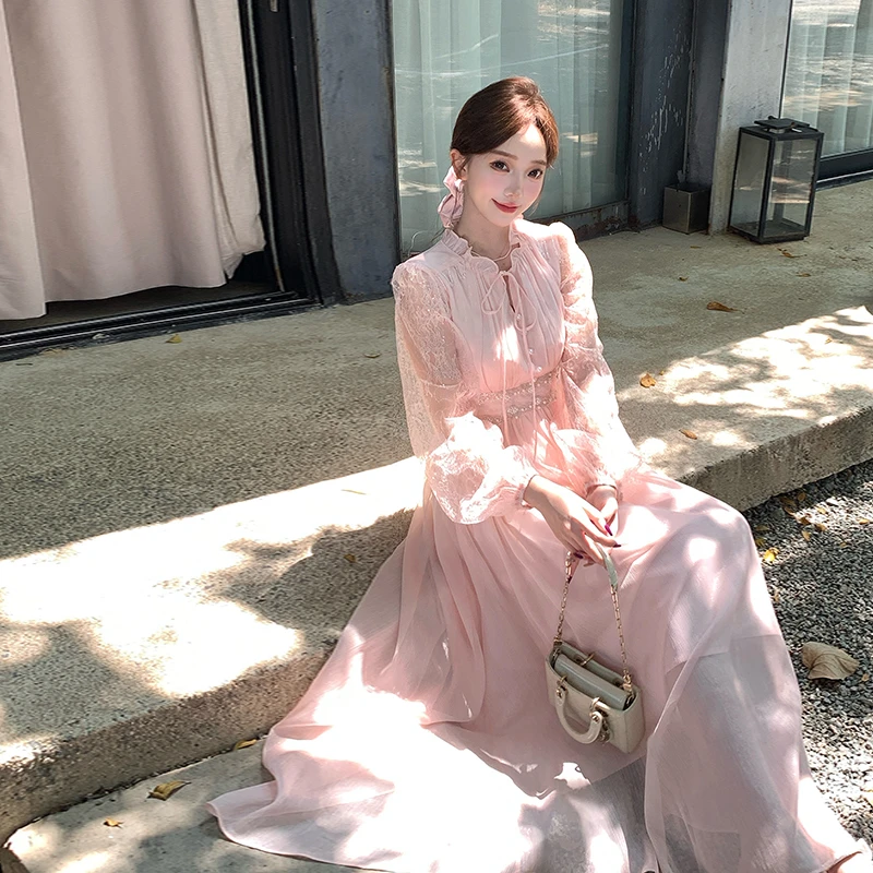 【塞纳薄雾】法式纯欲风重工钉珠长裙灯笼袖高腰连衣裙27098