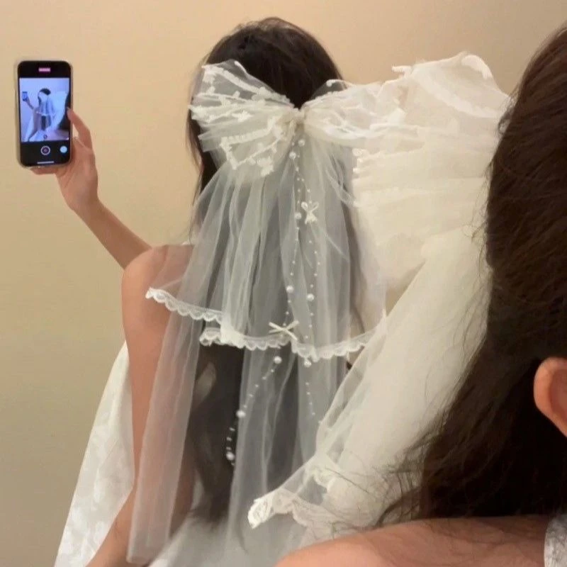 超仙氛围感珍珠蝴蝶结白色蕾丝头纱发夹女生日发夹头饰2025新款