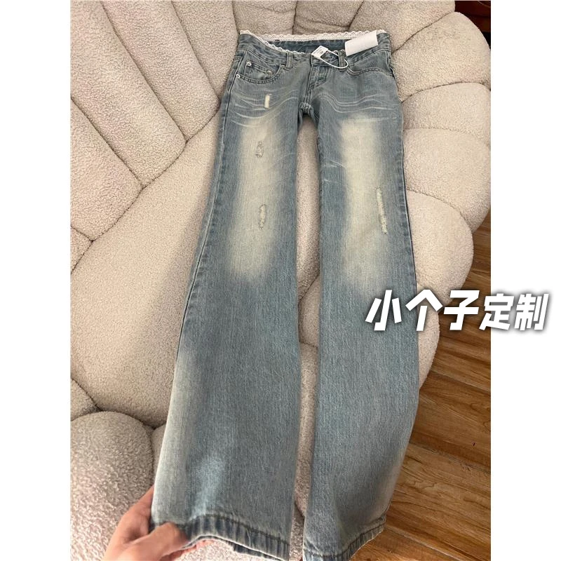 150小矮个子设计感蕾丝磨破牛仔裤女春季复古修身高腰微喇马蹄裤