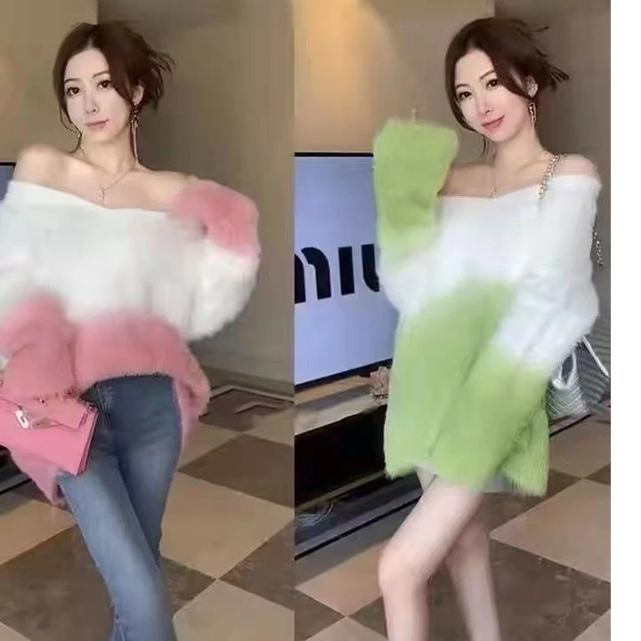 渐变色大V领可一字肩两穿软糯水貂绒慵懒毛衣秋网红洋气上衣大版