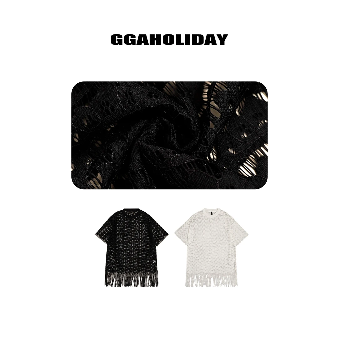 GGAHOLIDAY夏季时尚休闲百搭复古宽松流苏拼接镂空短袖T裙-152574