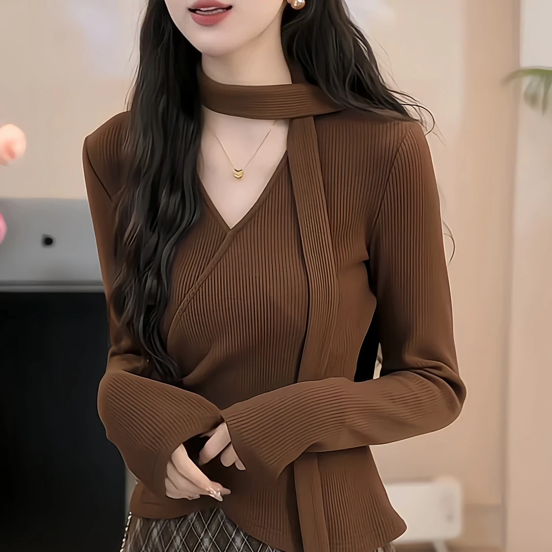 法式收腰V领长袖针织衫+飘带2025年秋冬新款时尚百搭休闲显瘦上衣