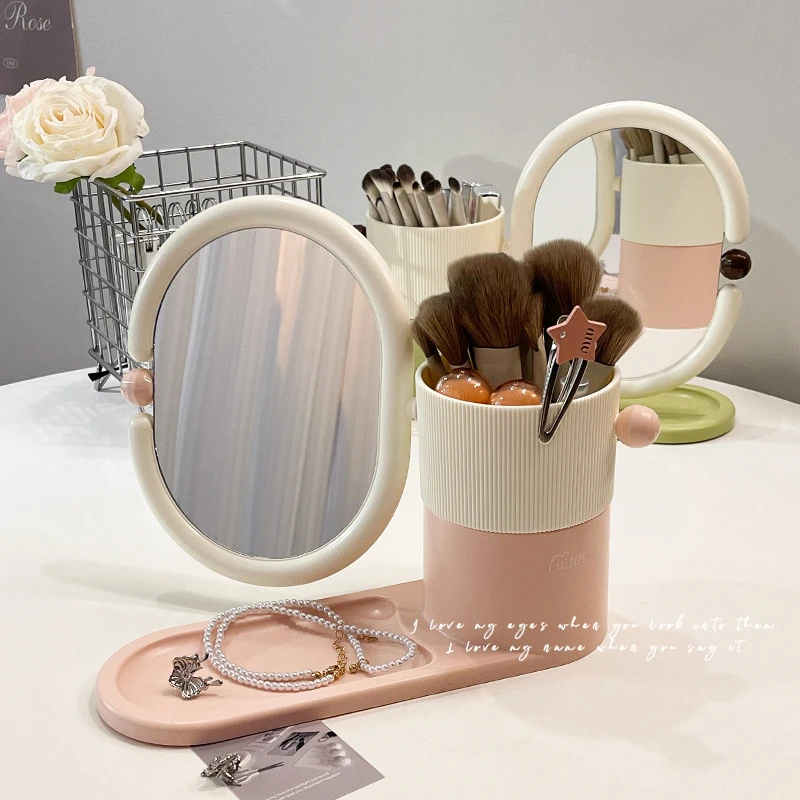 双面旋转化妆镜收纳盒一体多功能桌面化妆刷筒宿舍台式放大小镜子