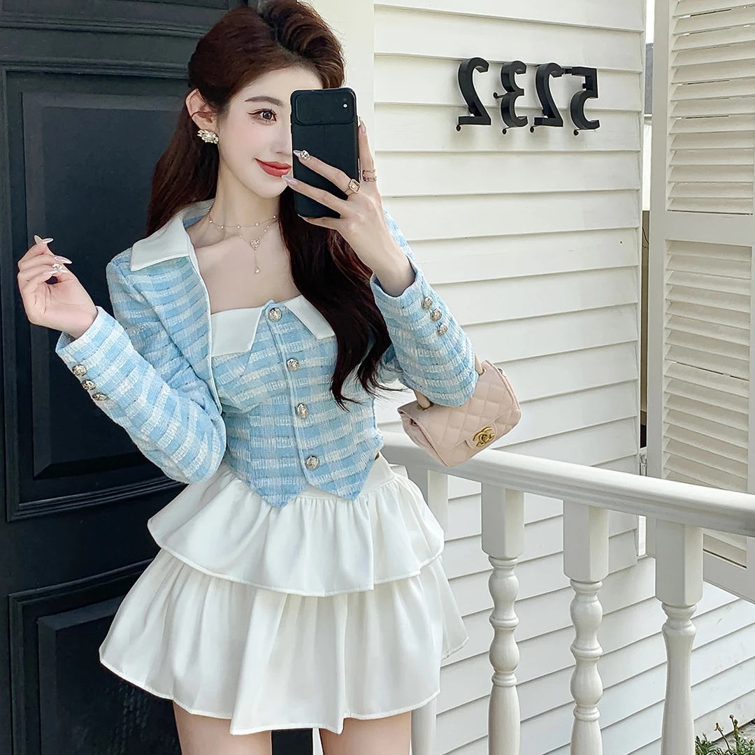 辣妹气质春夏新款开衫+短款抹胸背心+百搭蓬蓬裙半身裙三件套装潮