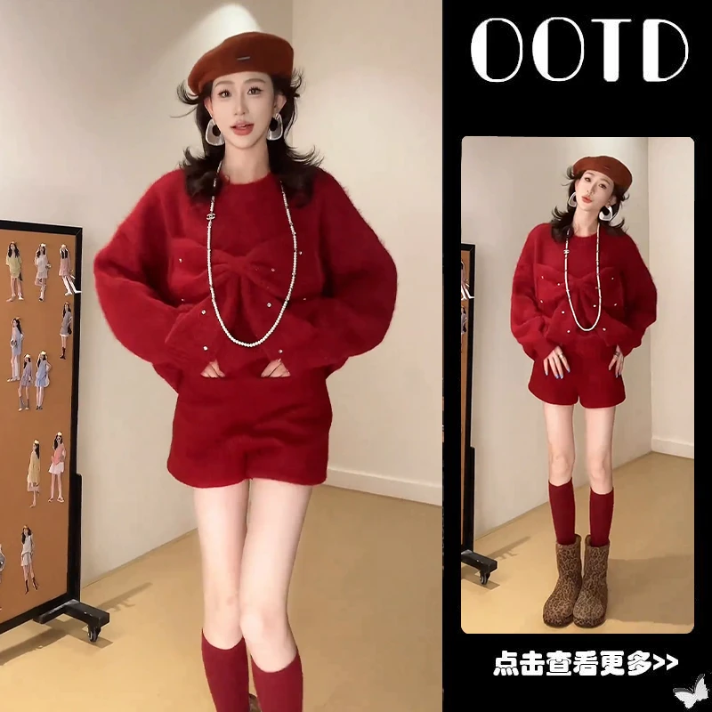秋冬流行穿搭一整套女2025新款圣诞红色蝴蝶结针织衫短裤两件套