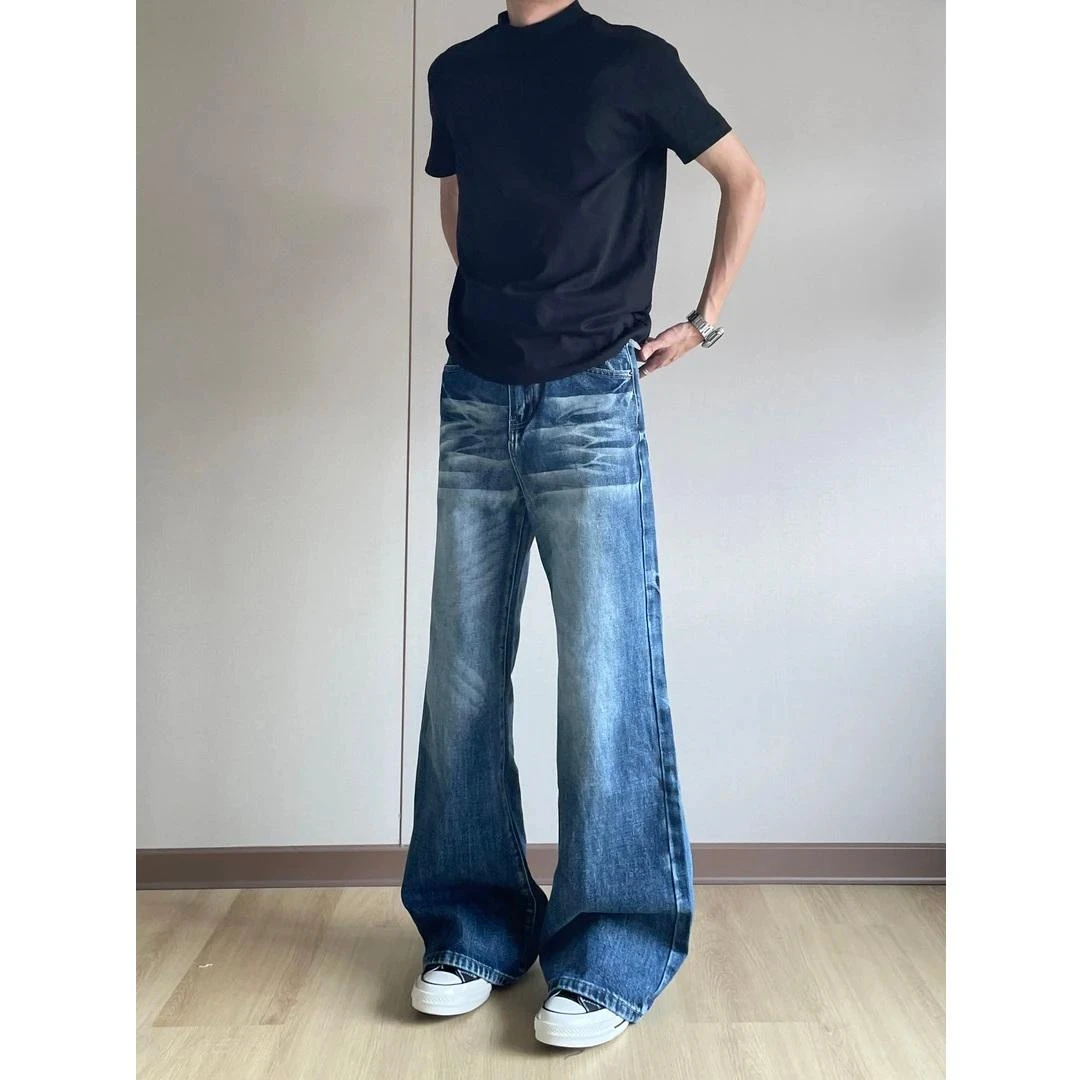 美式复古水洗蓝色微喇牛仔裤男cleanfit直筒阔腿宽松显瘦裤子秋季