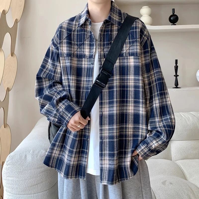 GSCebrodz长袖衬衫男士春季港风美式上衣高级感格子衬衣春秋款外