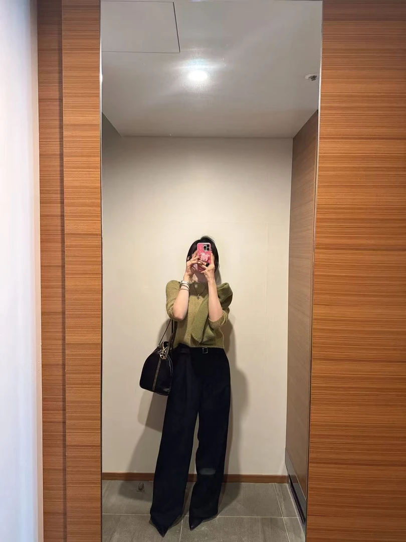 【Winnie】雾面感麂皮绒黑色长裤 自带腰带设计