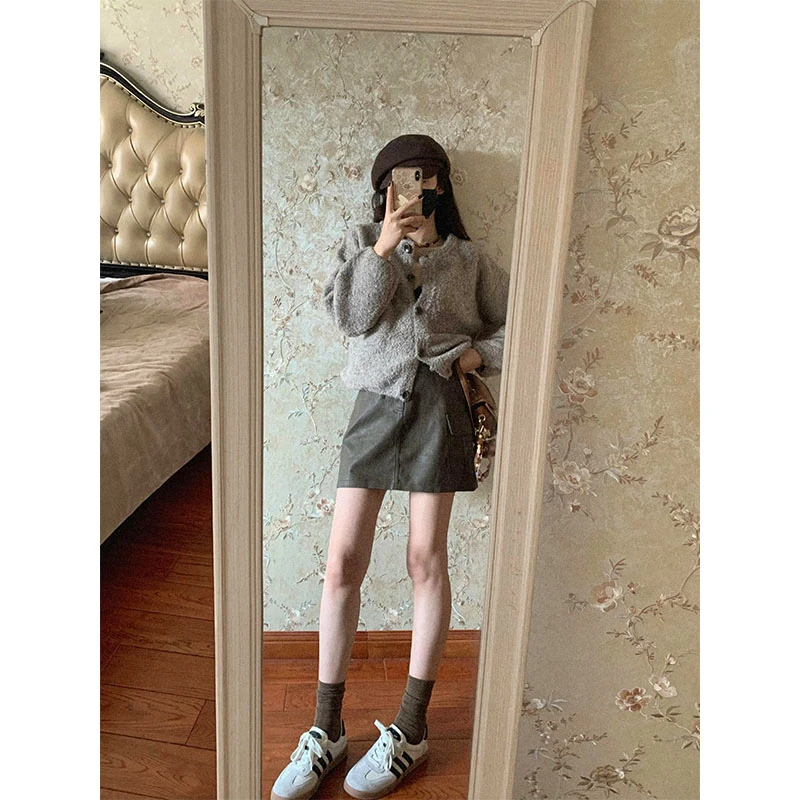 秋季慵懒风百搭纯色针织开衫外套2025秋冬新款高级感宽松显瘦短裙