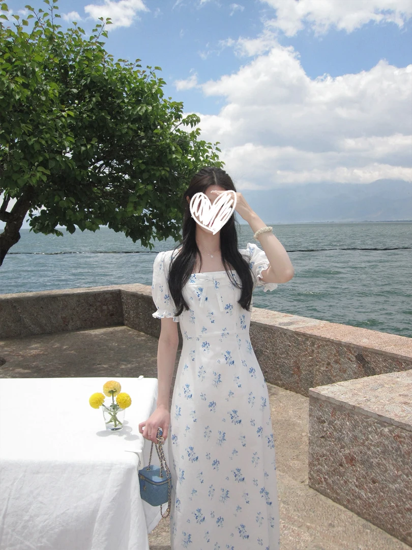 温柔青花瓷碎花连衣裙收腰长裙女夏