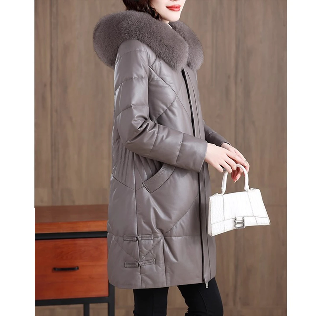 妈妈装羽绒棉服女中长款可拆卸狐狸毛领宽松加绒加厚保暖皮衣外套