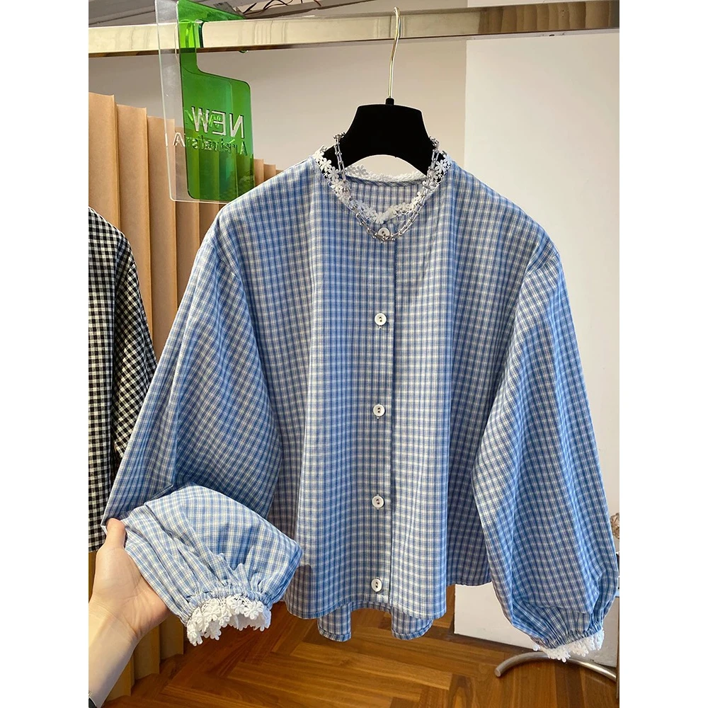 韩系蓝色格子长袖衬衫女2025春新款宽松短款减龄小清新灯笼袖
