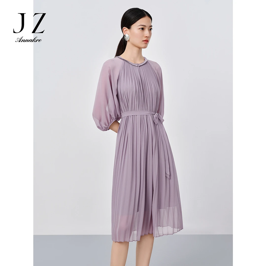 【婷婷专属】玖姿安娜蔻JTEX50149三宅风压褶圆领收腰长裙连衣裙