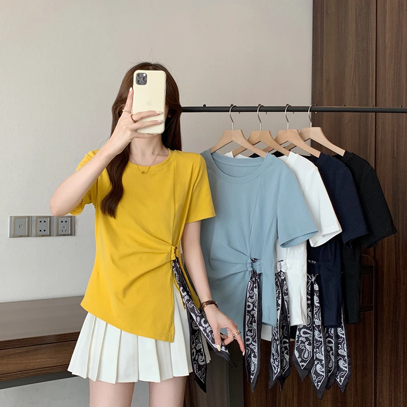 2025夏装新款胖mm大码女优雅别致圆领丝巾不规则短袖T恤