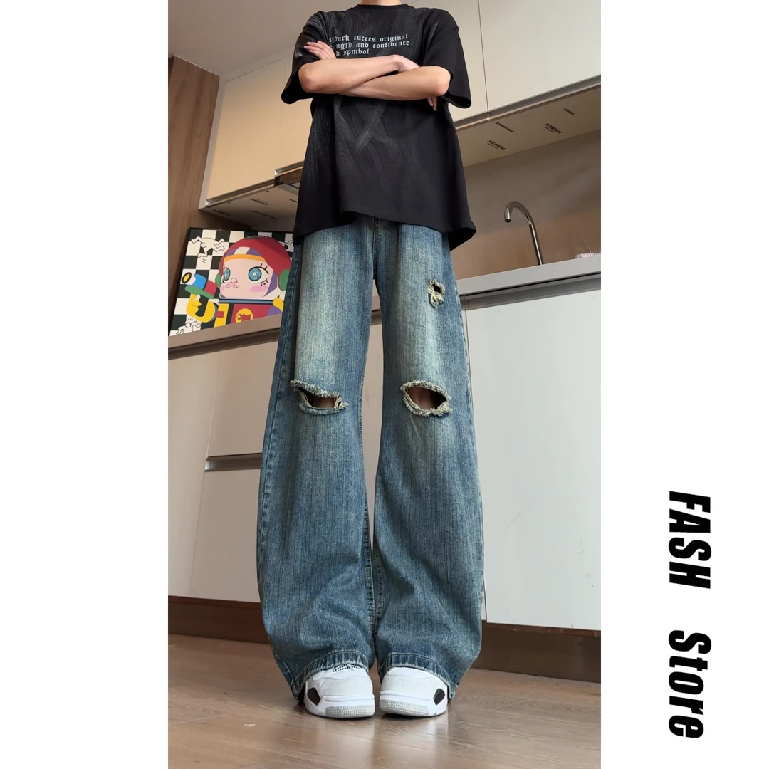 2025新款美式破洞弯刀牛仔裤男夏季宽松复古潮牌设计感阔腿长裤子