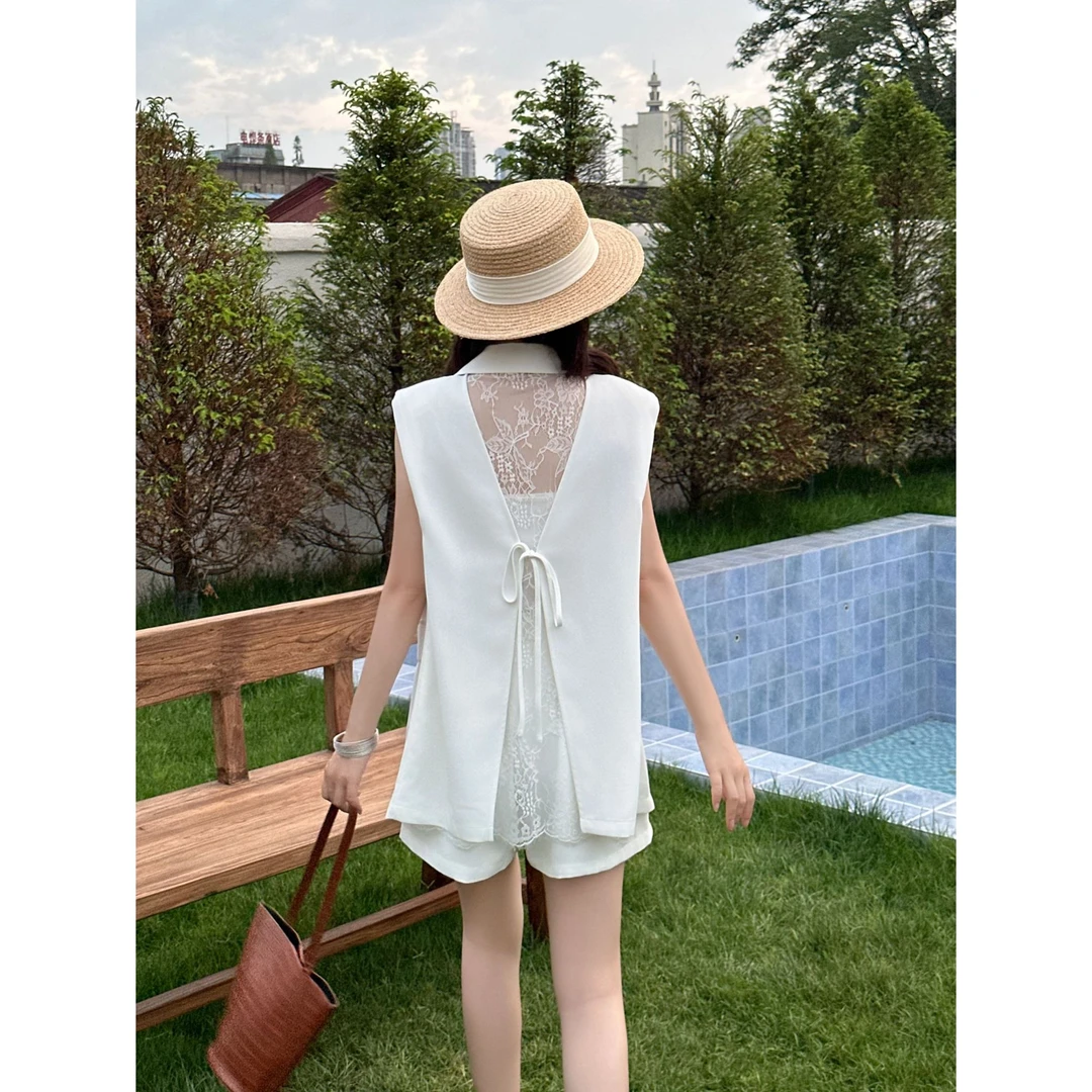 蕾丝露背系带结小众时尚套装设计感蕾丝扣法式芭蕾套裤夏季薄款