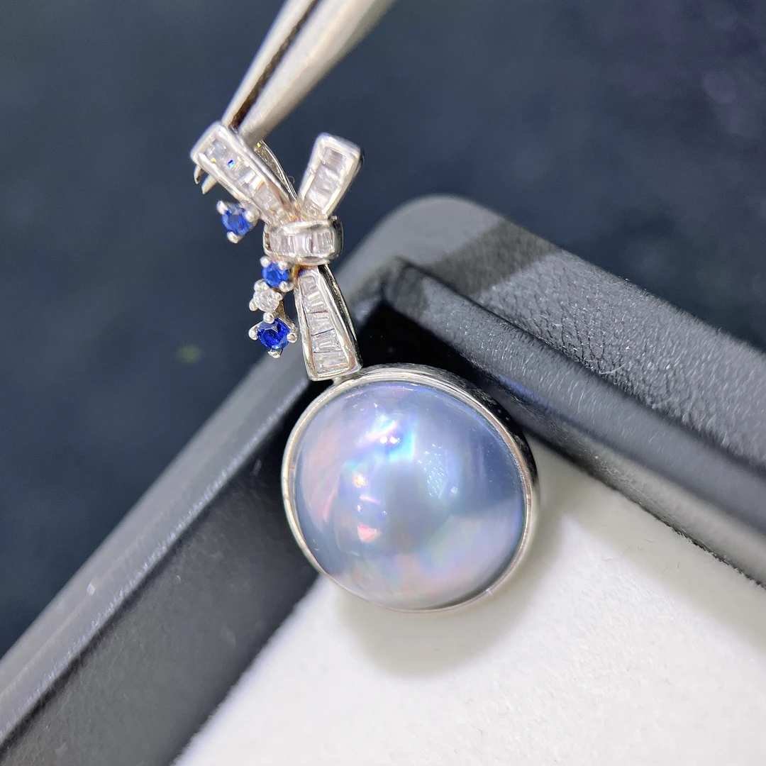 海水星空蓝马贝蝴蝶结吊坠 S925银 14-15MM R158