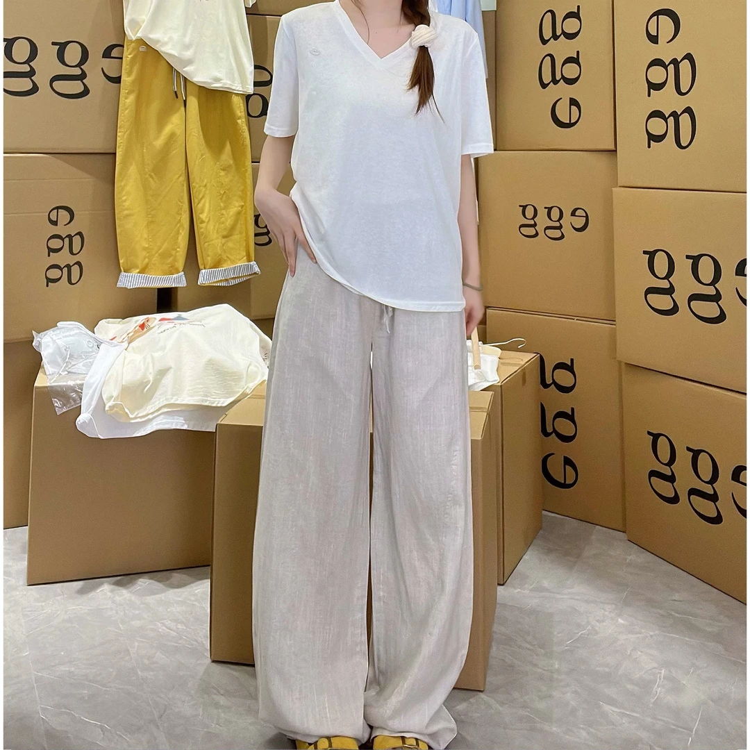 夏季女款亚麻松紧休闲裤2025新款高腰垂感透气运动长裤