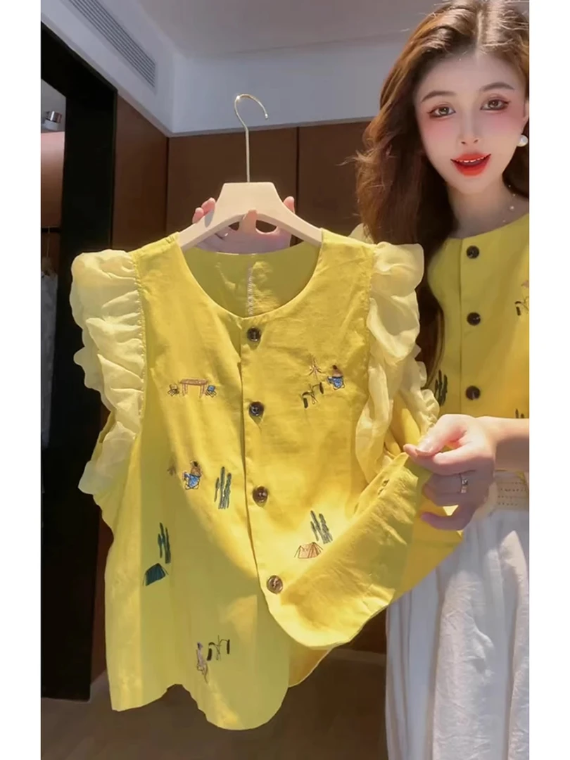欧货时尚爆款洋气独特上衣别致漂亮设计感小众黄色小飞袖衬衫女夏