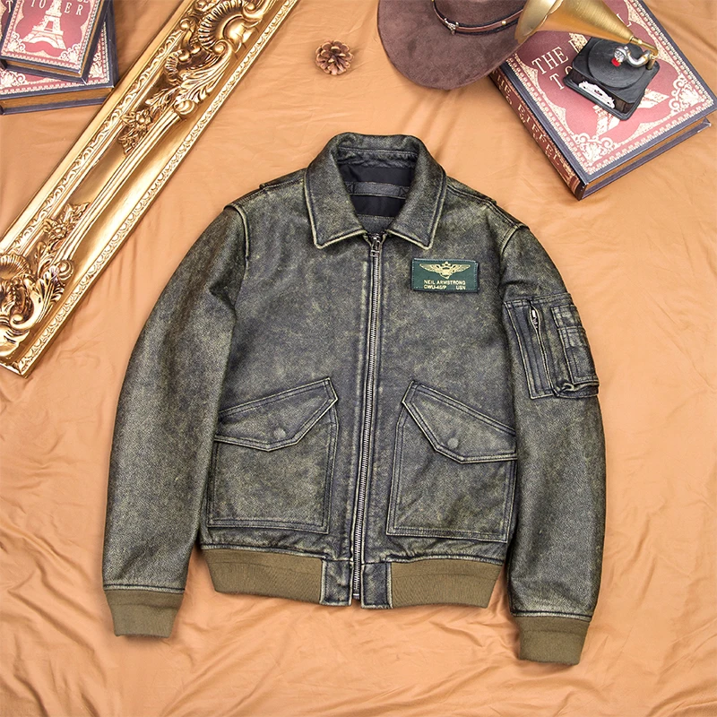 45P飞行服绿复古真皮皮衣男头层牛皮石磨做旧翻领短款单外套