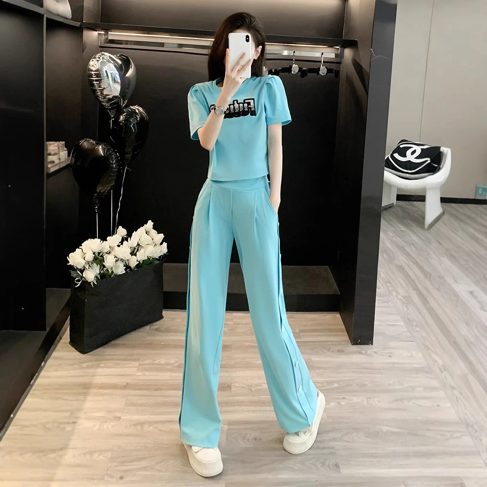 网红炸街蓝色运动休闲套装女夏新款时尚减龄洋气短袖阔腿裤两件套