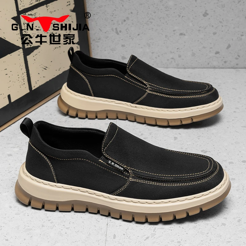 公牛世家男鞋春季休闲厚底运动老北京布鞋百搭透气一脚蹬帆布鞋男