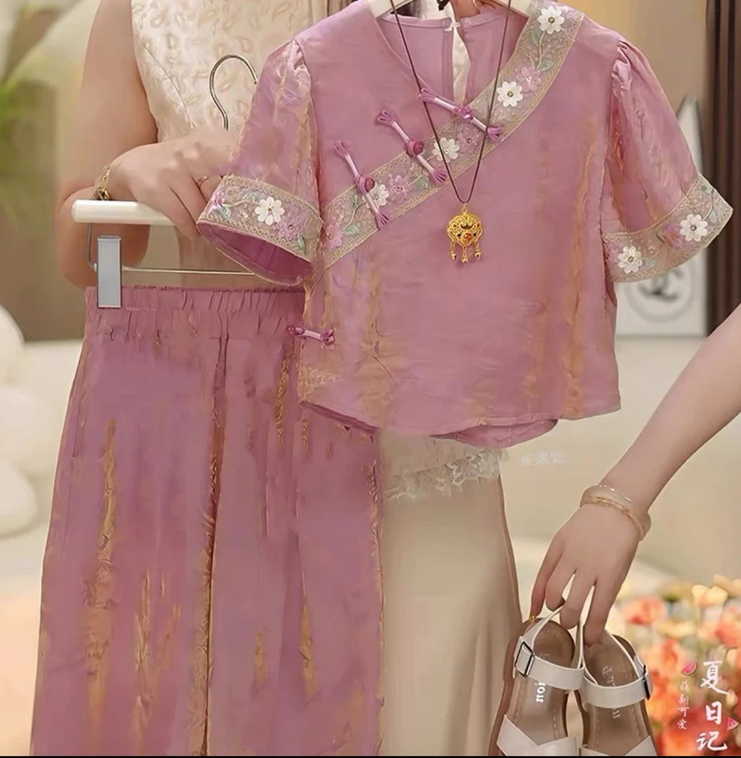 女童年夏季新款中式国风显瘦遮肉套装复古提花气质裤凉快时髦