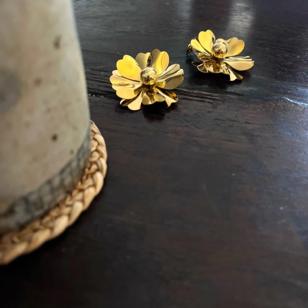 钛钢耳饰 D8749花瓣耳环金色钛钢