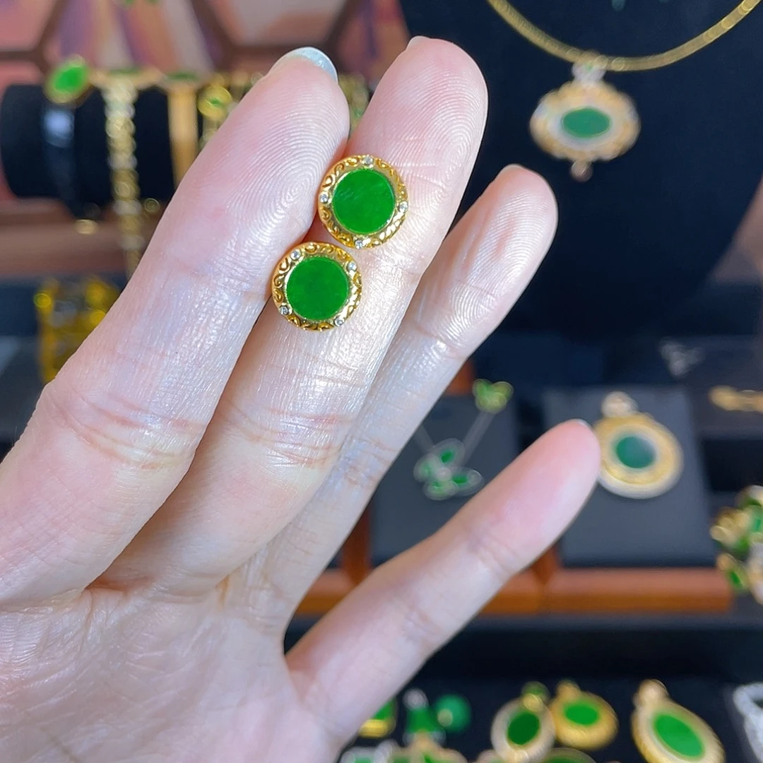 翡翠银S925镀金镶嵌耳饰