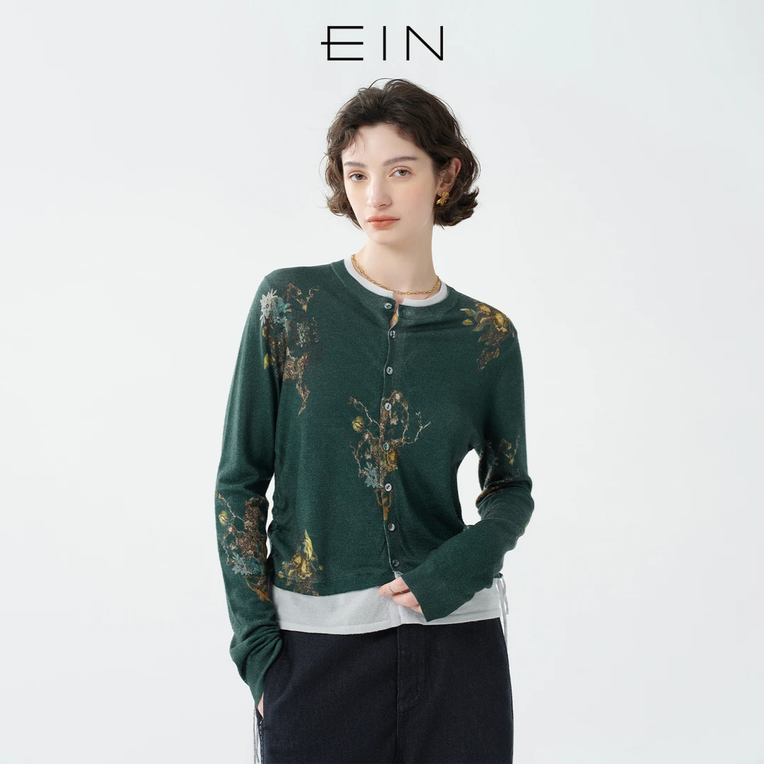 EIN/言秋色印花绵羊毛撞色假两件抽褶设计针织开衫2025早秋新款