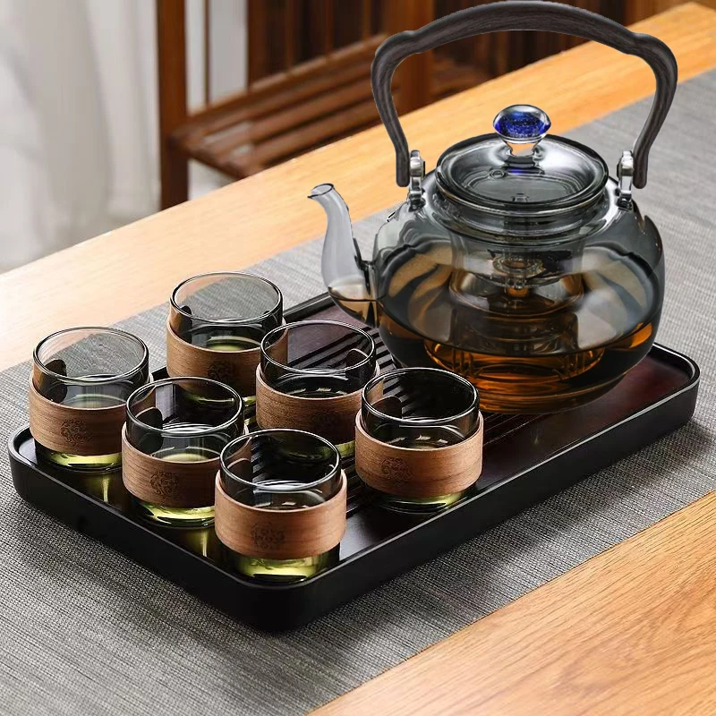 耐高温玻璃蒸煮一体泡茶器加厚耐热围炉煮茶壶提梁壶套装一壶六杯
