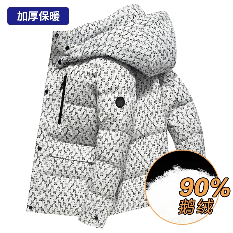 男士加厚鹅绒羽绒服男短款2025冬季新款印花帅气冬装保暖外套潮