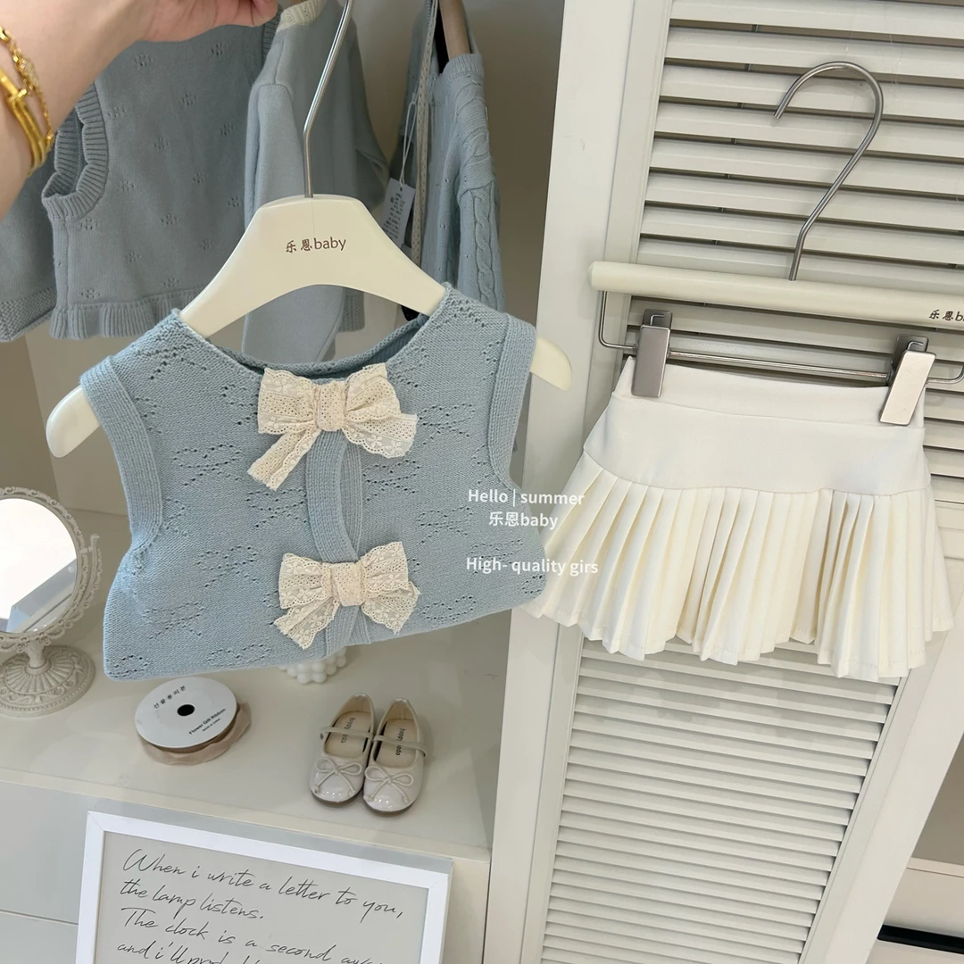 【乐恩baby】2025春夏女童蝴蝶结针织衫马甲百褶半身裙洋气两件套装