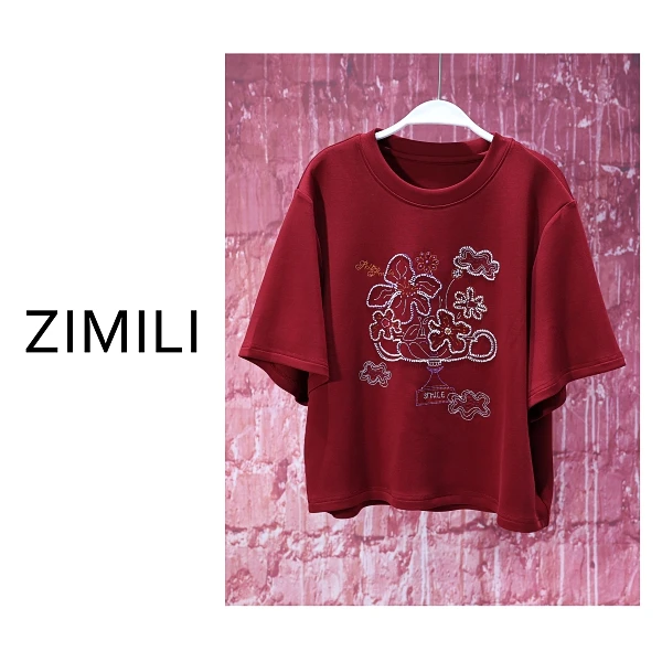 【亮哥女装】2025夏安可拉红刺绣钉珠休闲T恤8771