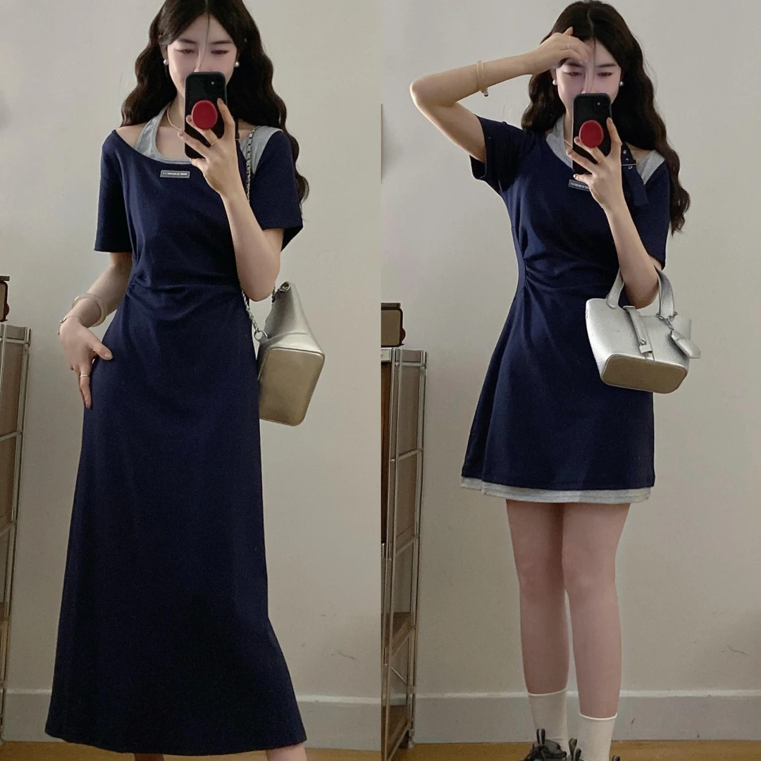 2025美式复古风大码女装胖妹妹mm显瘦连衣裙假两件设计感小黑裙