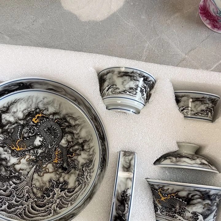 摆件景德镇黑墨龙游海五件套