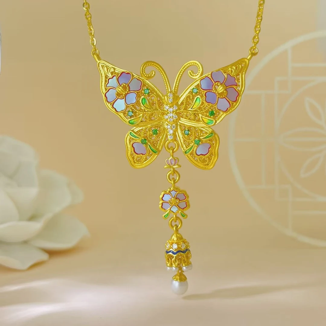 SUNFEEL/赛菲尔【赛菲尔】黄金足金螺钿点钻蝴蝶项链项链