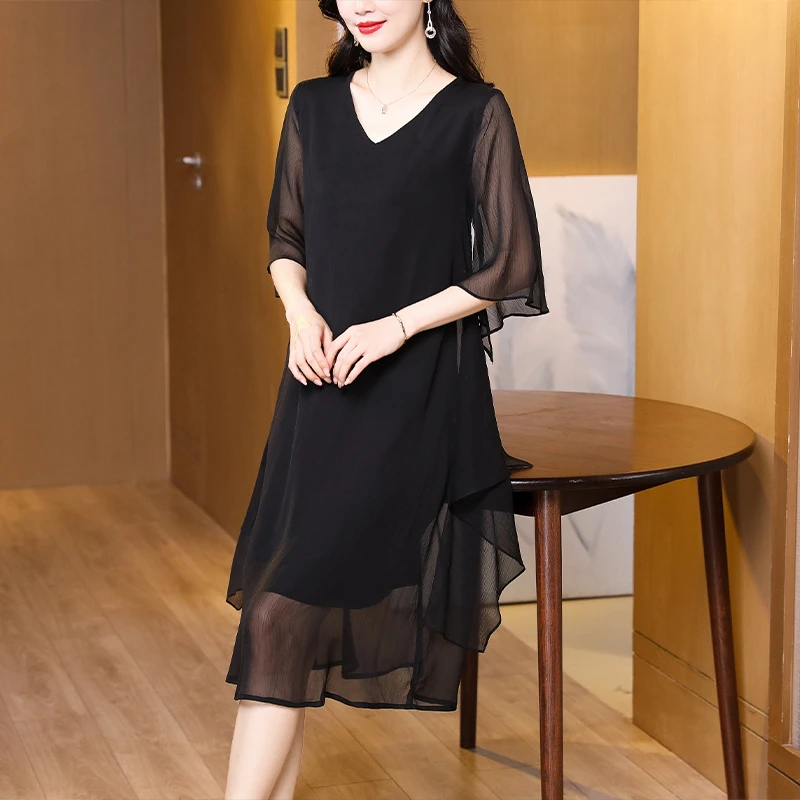 2377#时尚显瘦短袖连衣裙2025新款女夏季V领小黑裙优雅气质裙子