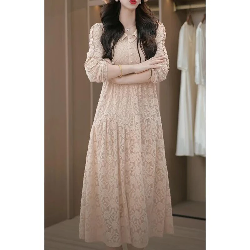 D331 提花娃娃领连衣裙女2025年新款春秋季中长修身蕾丝长袖裙子