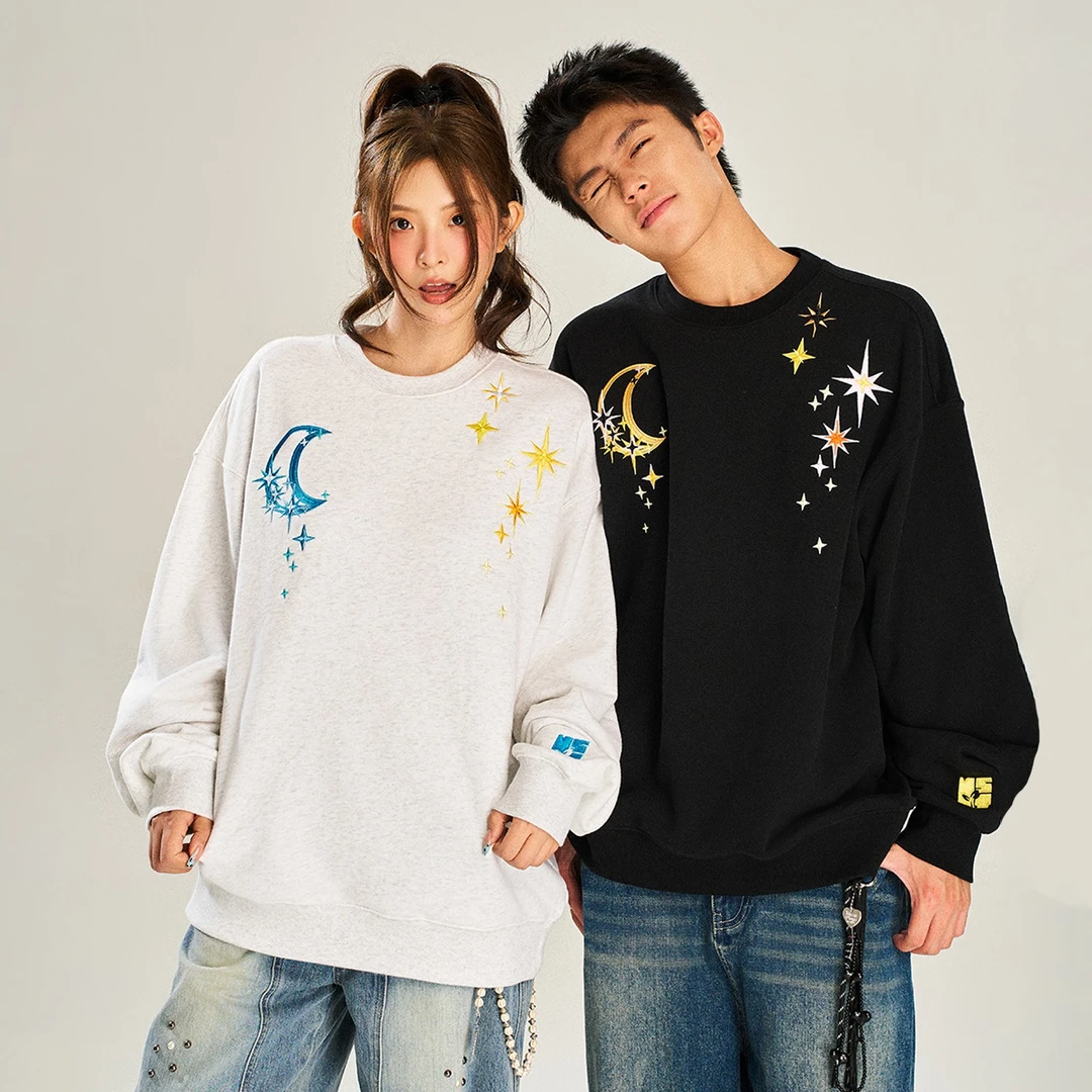 NSTNEW START发芽计划“星月”刺绣潮牌美式宽松休闲百搭圆领卫衣