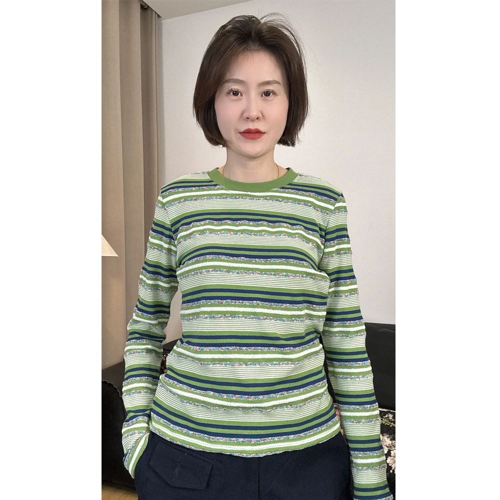 【春意盎然】立体钩织彩条条纹长袖T恤