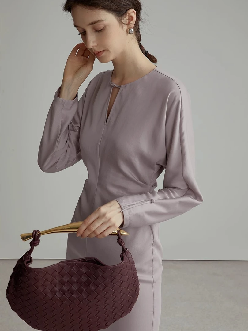 断码折扣|雾紫烟天丝独特开衩气质高级感连衣裙秋冬长袖MSCHQ0401