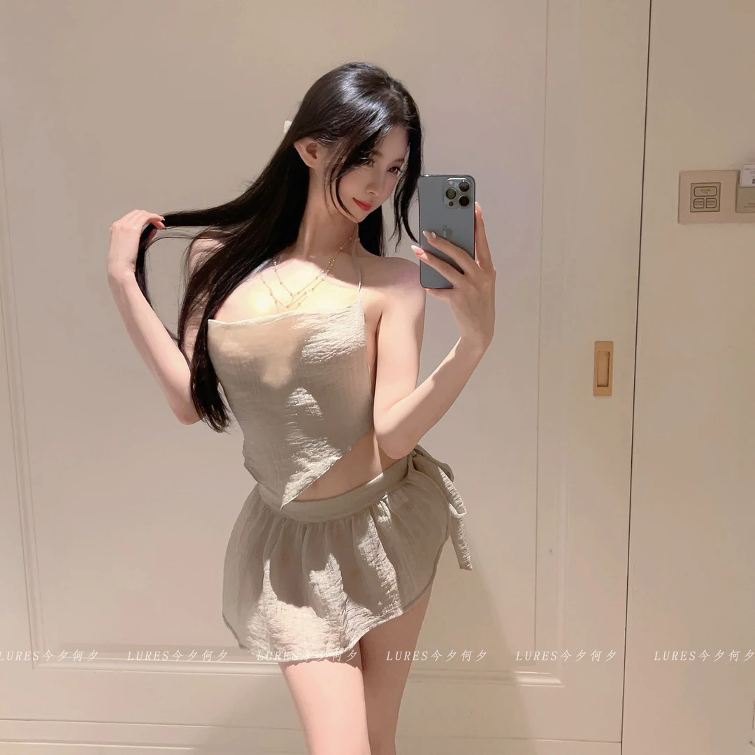 今夕何夕 纯欲性感睡衣女情调美背透视薄款蕾丝吊带睡裙套装肚兜