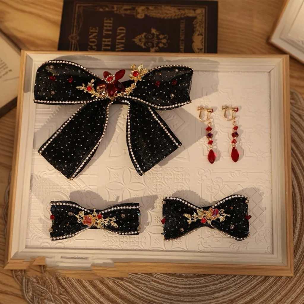 新中式风唯美古典黑红蝴蝶结头饰品水晶发夹新娘结婚秀禾服配饰