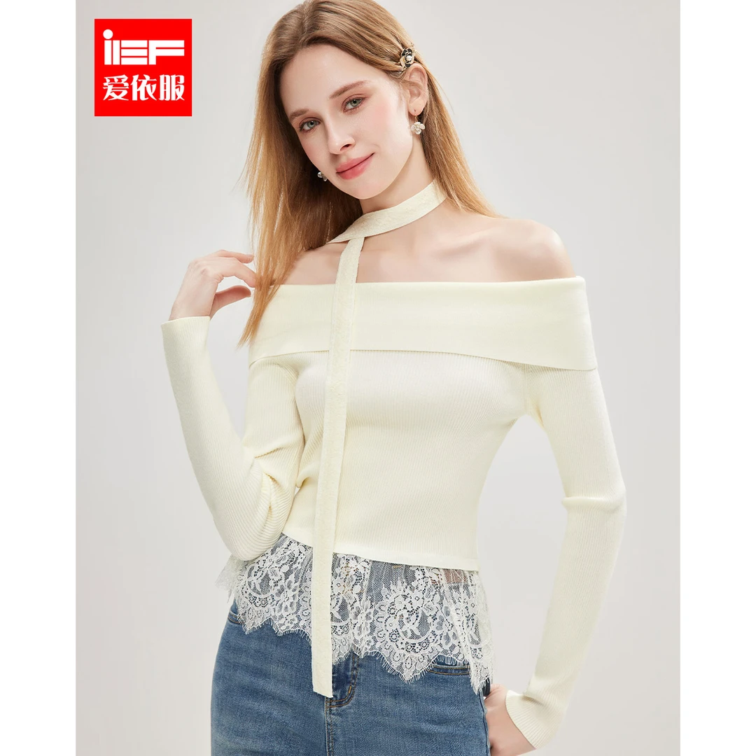 IEF/爱依服2025春季新款一字肩蕾丝下摆拼接性感露肩上衣欧若风